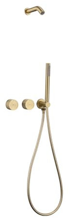 Kit de douche rond dissimulé en laiton pour salle de bain - Système de bras de douche de 20 cm avec pommeau de douche et mitigeur à 2 fonctions - Or brossé