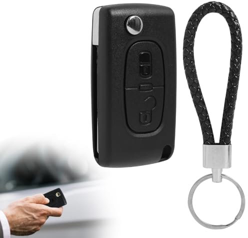 Guscio per Chiave Auto Telecomando 2 Tasti Compatibile con Peugeot CE0523 207 307 308 CE0536 Citroen C2 C3 C4 C5 C6 Telecomando Custodia Ricambio Chiave Cover Pieghevole con Portachiavi in Pelle Nero