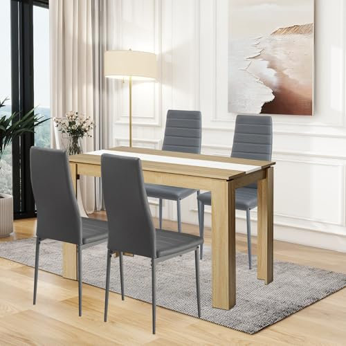 FURNITABLE Esstisch mit 4 Stühlen Esszimmergruppe, Essgruppe mit Hochlehner Kunstleder Stuhl für 4 Personen, Sitzgruppe für Küche Esszimmer Wohnzimmer(110cm Eiche-Weiß Tisch+4 Grau Stühle)