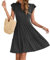 AUSELILY Women Summer Dress V Neck Ruffle Short Sleeve Ladies Dress Wrap Waist Casual Minidress with Pockets Black 2XL