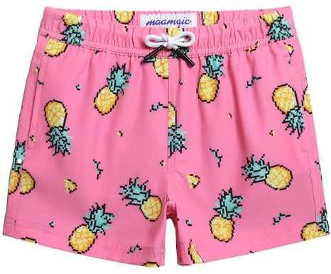 MaaMgic Short de Bains Garçon Maillot de Bain Enfant Élastique avec Slip 4 Way Stretch Séchage Rapide,Ananas Géométrique Rose,14-16 Ans