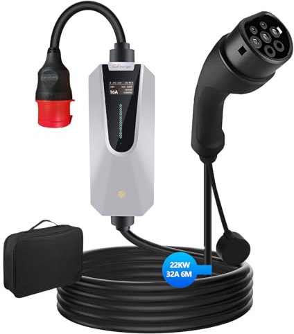Hexinex EV Charger, Cavo di Ricarica del Veicolo Elettrico Tipo 2, con Display, Bluetooth, Spina Rossa CEE (3-Fasi | 6M, 22KW | 32A)