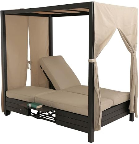 Mendler Aluminium Lounge-Gartenliege HWC-O18, XL Sonnenliege Bali-Liege Daybed, 10cm-Polster 193x126x204cm schwarz Kissen Creme