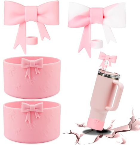 Lot de 2 manchons de protection en silicone pour accessoires Stanley Cup - 2 couvercles de paille pour Stanley Cup - Protection du sol - Nœud rose classique - Pour paille de 86,3 et 1100 ml