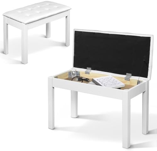 SUNDOY Solid Wood Piano Bench - Piano Stool with Soft Seat Cushion - Modern Minimalist Design, Corrosion Resistant & Stable - For Electric Piano & Keyboard, White