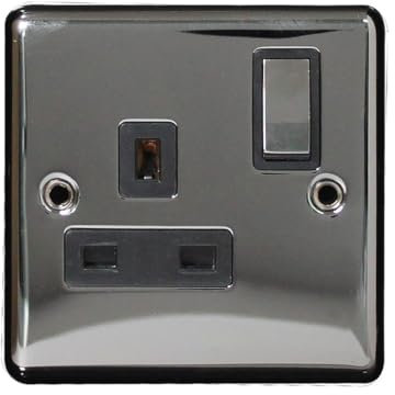 ArlecUK 1 Gang 13A Double Pole Switched Socket, Screwed Nickel Faceplate, Black Insert, Electrical Wall Light Switch
