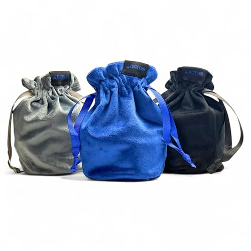 Luck Lab Velvet Drawstring Dice Bag - Set of Three Colors - Dungeons and Dragons Fabric/Standing Cotton Fabric Dice Bags/D&D Dice Pouch/Small Pouch/Velvet Jewelry Bag (Blue, Black, Grey)