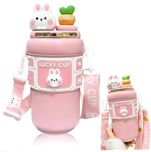 Xweptuy Kawaii Water Bottle, 19oz Stainless Steel Water Insulation Bottle with Straw & Adjustable Strap, Cute Rabbit Leak-Proof Bottles for Girls Sports Camping Travel (PINK)