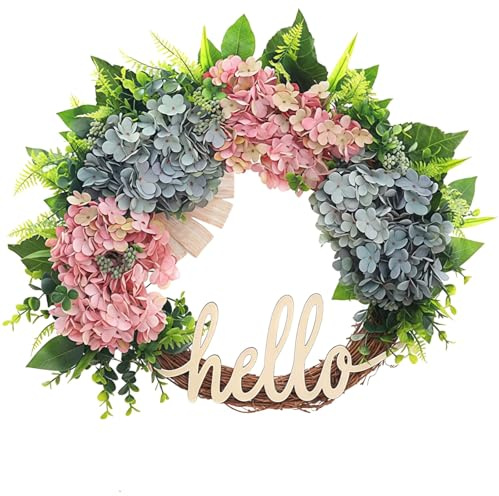 45 cm Blumenkranz, Frühlingstürkranz und blaue Seidenblume, Vintage-Design, handgefertigt mit natürlicher Weinrebenbasis
