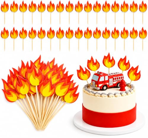 50 Stück Feuerwehr Cupcake Topper Flammen Geburtstag Deko Tortendeko | Feuerwehr Kuchen Deko mit Holzspieß für Geburtstagsfeiern, Feuerwehrmann Party und Feierlichkeiten Party Zubehör