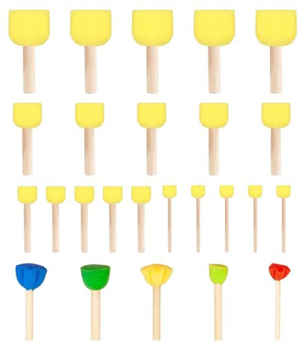 TAKONE Schwammpinsel Kinder Set 25 Stück – 9 Formen aus Schaumstoff | 25-teiliges Set, 9 Formen, Schaumstoff & Holz, wiederverwendbar