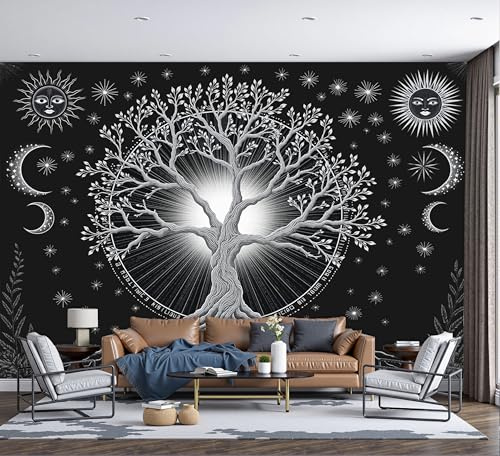 Papier Peint Panoramique Mystère Arbre Ciel Étoilé 350X256Cm - Murale Corps Célestes Du Tarot - Tapisserie Murales Papier Peint Pour Chambre Salon - Noir Et Blanc Poster Tableaux Photo Muraux