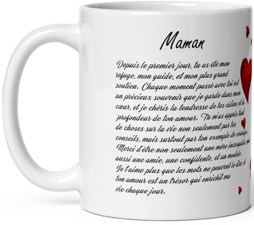 Kalféa Mug maman amour Tasse ma mère je t'aime avec déclaration et coeurs Mug maman tendresse tirade à offrir Tasse idée cadeau fête anniversaire Noël céramique 325ml café thé chocolat petit déjeuner