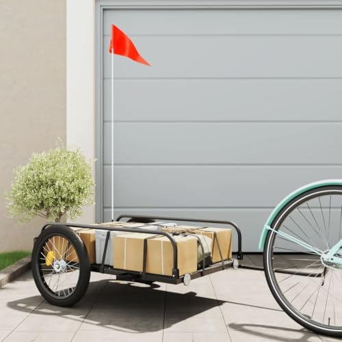 Mangloder Fahrradanhänger Schwarz 135x70x Eisen mit, Deichsel, Sicherheitsflagge, faltbar, ideal für Transport, Camping, Familie, Hunde, Gepäck, Robustes Material