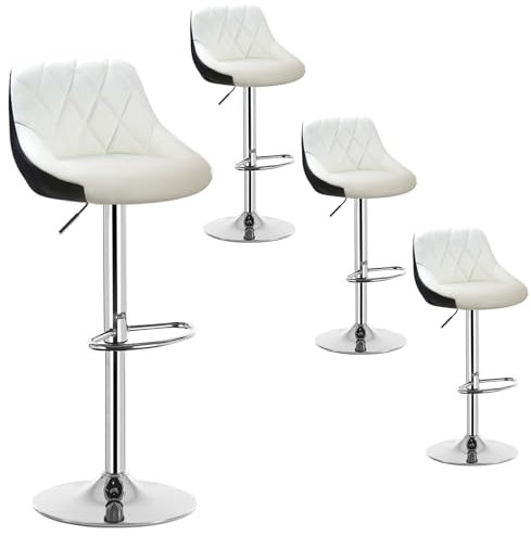 WOLTU Barhocker 4er Set, Hocker mit Lehne, höhenverstellbar drehbar, gepolsterter Kunstledersitz, rutschfestes Metallfuß, für Küche Hausbar, Weiß+Schwarz, BH30ws-4