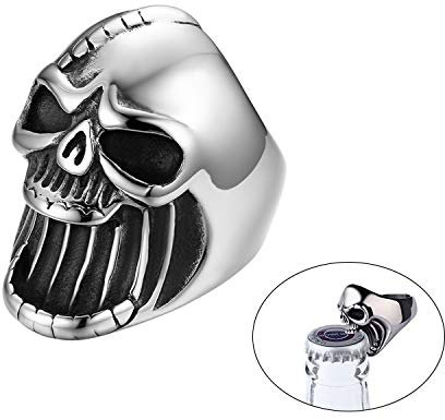 JewelryWe Schmuck Herren-Ring, Edelstahl Totenkopf Schädel Gothic Biker Flaschenöffner Ring, Silber, Größe 67