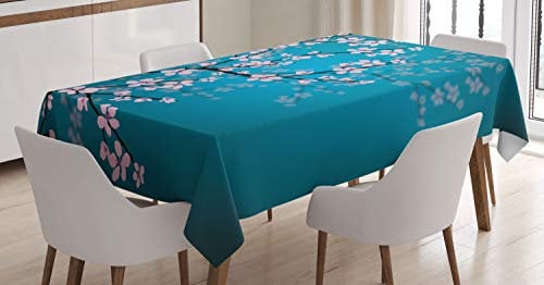 ABAKUHAUS japanisch Tischdecke, Sakura Bloom Muster, Pflegeleicht mit Modernster Druck Technologie Waschbar und Personalisiert, 140 x 170 cm, Benzinblau Hellrosa