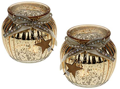 Bada Bing 2er Set Windlicht Gold Aus Glas Holz Stern bauernsilber Bändern Wunderschönes Stimmungslicht 61