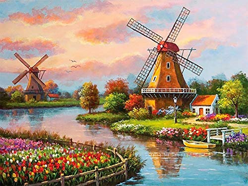 Bimkole 5D DIY Diamond Painting Zubehör Diamant Malerei Kit Windmühle Landschaft Bohren voll Strass Set, Gemälde Malen nach Zahlen mit Dekoration 40 * 50 cm (d5-772)