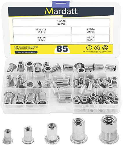 Mardatt Nietmuttern aus Edelstahl SAE 304, Sortiment, Flachkopfgewinde, UNC-Nietmutterneinsatz, Muttern, Sortiment (#8-32#10-24, 1/4-Zoll-20, 5/16-Zoll-18, 3/8-Zoll-16)