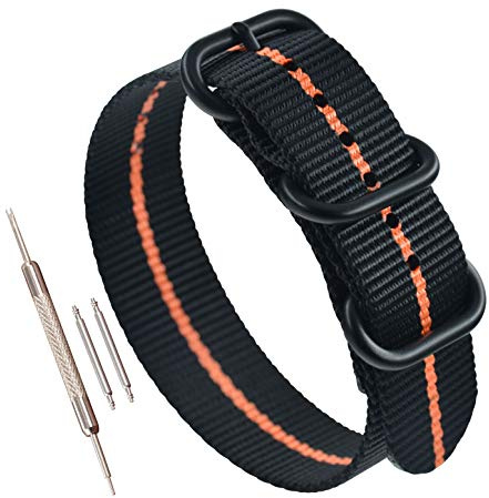 MZBUTIQ 22mm Schwarz/Orange Uhrenarmband Watch Band Dickes Nylon für Herren Matte Schwarze Schnalle 3 Ringe