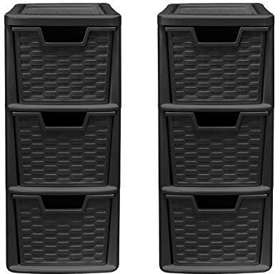 3 Drawer Medium Rattan Tower Unit - Black, Set of 2 Units - 47cm (H) x 19cm (W) x 26cm (D)