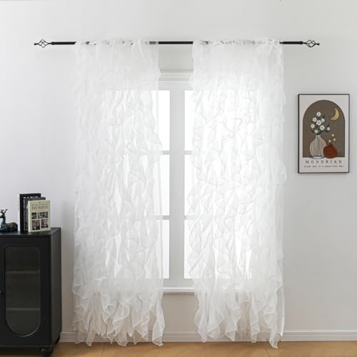 Seibeh Tex Cascade Farmhouse Shabby Chic Sheer Voile Vertical Ruffled Waterfall Window for Bedroom Living Room Curtain Panel 2 Panels(White, 50×84)
