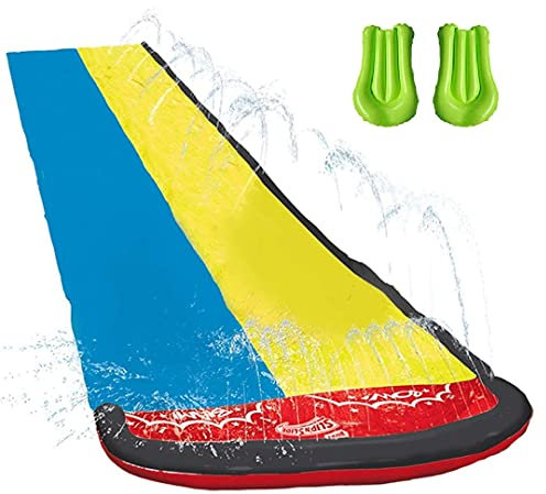 FunGatto 16 Foot Double Racing Lane Slip, Double Racing Slides With 2 Inflatable Surfboard,Speed Blast Dual Racing Water Slide with Spray Splash Pool and Water Spraying Side Rails
