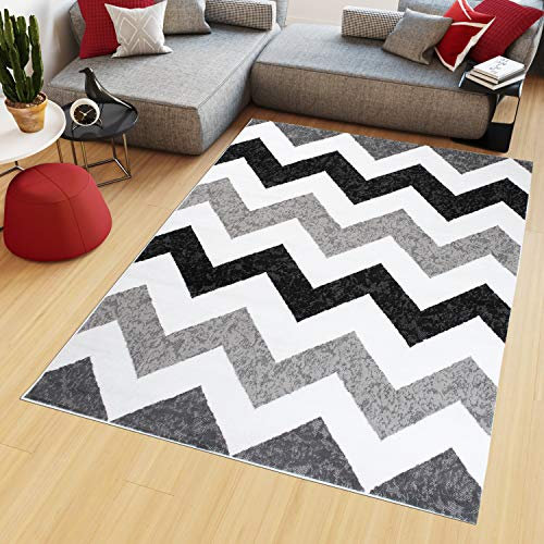 TAPISO Maya Kollektion Teppich Kurzflor Grau Weiß Schwarz Modern Geometrisch Zig Zag Streifen Gestreift Design Wohnzimmer Schlafzimmer ÖKOTEX 140 x 200 cm