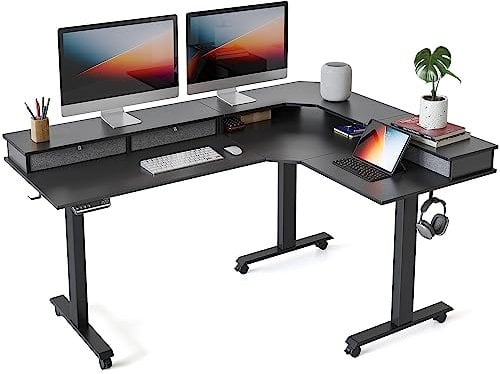 FEZIBO Single Motor 160 * 120 cm L Shaped Electric Adjustable Height Standing Desk with 3 Drawers, Corner Stand up Gaming Desk with Splice Board, Black Frame/Black Top