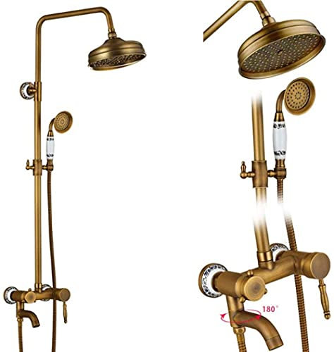 Wieoc Duschsysteme Antik Messing Doppelgriff Wandmontage Bad Dusche Wasserhahn Set mit Duschablage Bad Duscharmatur-K01
