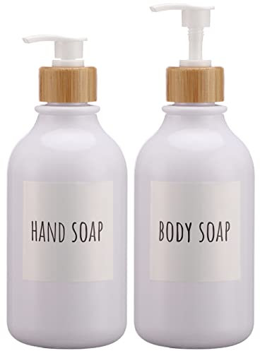 Segbeauty Dispensador de jabón, 2 de 500 ml con Bomba de Bambú y Etiquetas Impermeables, Botella de Plástico Recargable para Champú, Acondicionador, Loción, Jabón de Manos en la Baño, Cocina, Blanco