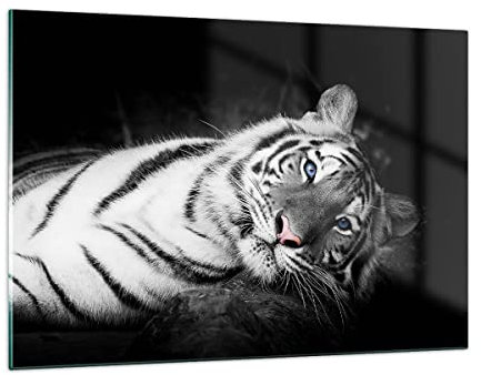 ARTTOR Wandbilder Dekoration Wohnzimmer Weiß Tiger Schwarz und Weiß Bilder auf Glas 120x80cm Glasbild Schlafzimmer Küche Deko Wand Kunstdruck Art Groß XXL Wanddeko Bild im Glas Modern GAA120x80-4247