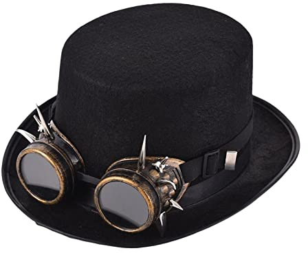 Perfeclan Vintage Punk Steampunk Hut mit Brille Schwarzer Zylinder Schwarz Geschenk aus dickem Filz Halloween Kopfumfang 54cm Cosplay Kostüm Unisex