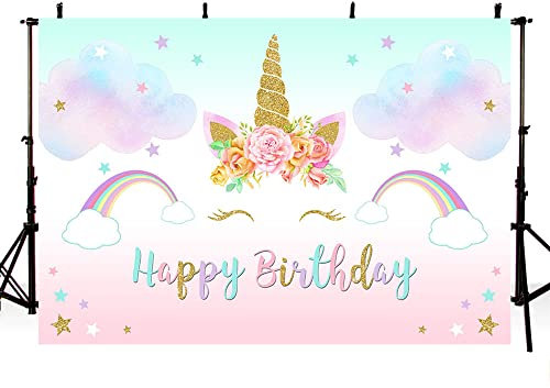 AIBIIN 7x5 pies telón de Fondo de Feliz cumpleaños, Unicornio, Nube, Arco Iris, fotografía Fondo Verde y Rosa, decoración de Fiesta de cumpleaños, Pancarta para Mesa de Tartas, Accesorios de Fotos