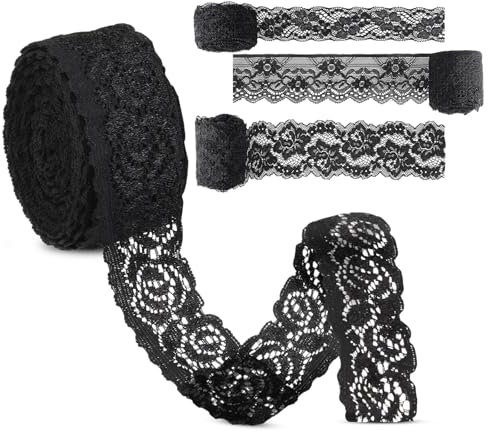 4 Rollen Spitzenbänder Schwarz Vintage Spitzenband Schwarz Baumwolle Spitzenstoff Spitzenband Strecken Blumen Muster Spitze Meterware Rolle Bänder Spitzen für Geschenkverpackung Valentinstag Hochzeit