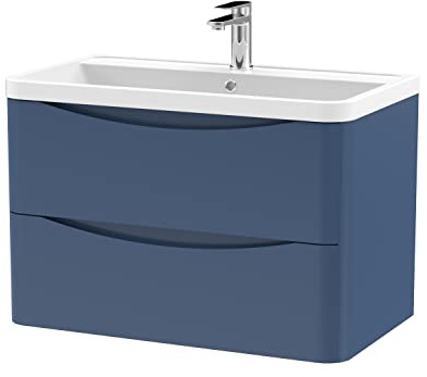 nuie LUN304 Lunar Modern Bathroom Wall Hung 2 Drawer Vanity Basin Unit & Polymarble Basin, 800mm, Satin Blue