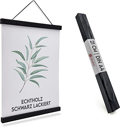 LIKARTO Premium-Posterleiste Holz Schwarz A4 | 21 cm - Hochwertige magnetische Bilderleiste aus Echtholz inklusive Lederband - Einfaches Bilder aufhängen