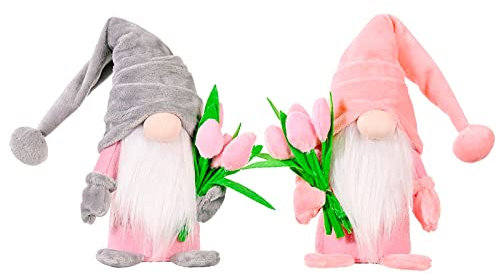 2 Stück Niedliche Wichtel Frühling Deko Frühlingswichtel Wichtel mit tulpen Blumensträuße Süßer Zwerg Wichtel Figuren Deko Frühling Frühlingsdeko Figuren Geschenk für Kinder Freundin Mama Muttertag