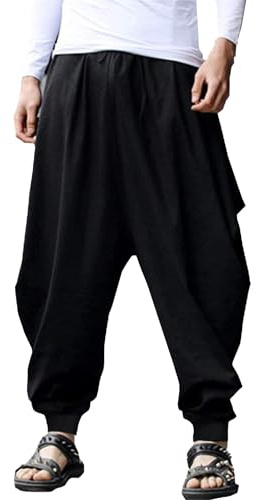 YAOHUOLE Pantaloni Uomo Cotone Lino Harem Leggeri con Tasche Nero L