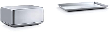 Blomus 63638 Basic Butterdose, medium & BASIC- Tablett M aus mattiertem Edelstahl, zeitloses Design, Ablageschale, hochwertige Verarbeitung, Serviertablett modernes Wohnaccessoire (1,5 x 15 x 25 cm)
