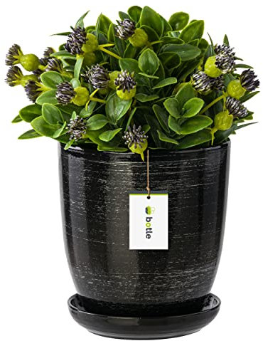 botle Blumentopf Blumenübertopf schwarz Silber Blumenschale mit Untersetzer Rund BxH 130 mm x 140 mm Oberfläche Glanz Keramik Modern Glamour