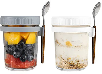 Hniuyun 2 Pack Overnight Oats Jars with Lids and Spoon, 10 oz Airtight Breakfast Jars with Measurement Marks, Mason Jars with Lid for Salads Cereal Milk Porridge Fruit