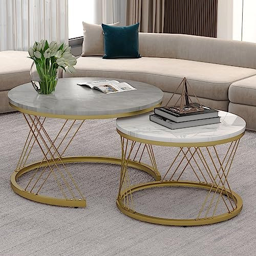 Nesting Couchtisch 2er Set, Satztische,Couchtisch Satz Marmor Furnier Sofa Seite Nest von Tischen Runde Endtische, Satz von 2, Goldene Farbe Frame Grau