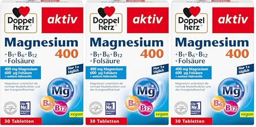 Doppelherz Magnesium 400 + B1 + B6 + B12 + Folsäure - Magnesium unterstützt die normale Muskelfunktion und den Energiestoffwechsel - 30 vegane Tabletten (Packung mit 3)