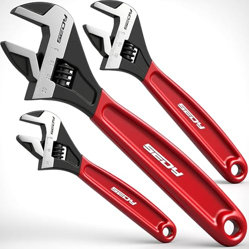 SEDY Adjustable Wrench Set Pipe Spanner: 6 8 10 Wide Jaw Black Oxide Wrench With Cushion Grip, Laser Marked Metric & SAE Scales, CR-V Steel for Professional