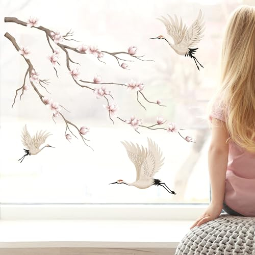 Wandtattoo Loft Fensterbilder Frühling mit Magnolienzweig Kranich – A2 Bogen, Wiederverwendbar – Frühlingsdeko Fenster, Frühlingsbild Fenster, Fensterdeko Frühling, Fensterfolie Frühling Selbstklebend