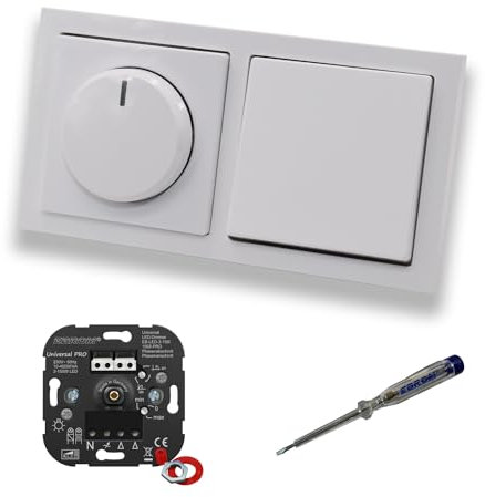 EBROM 1002 Universal PRO LED Drehdimmer Dimmer + Busch Jäger Dimmerscheibe 6540-84-102 + Kreuzschalter 2000/7 US in Future Linear Studioweiß glänzend + EBROM Phasenprüfer zur Montage der Geräte
