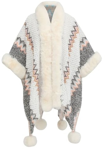 Miaikvs Damen Poncho mit bunten Streifen Vintage-Ethno-Stil Pelzkragen Schal Mantel Strick Wickeltuch offene Vorderseite Cardigans für Frauen(weiß, One size)
