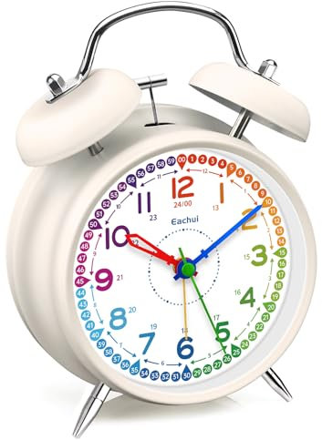 Eachui Analoger Wecker für Kinder, Doppelglockenwecker ohne Ticken mit lautem Alarm, Nachtlicht und großem klarem Zifferblatt (Weiß)